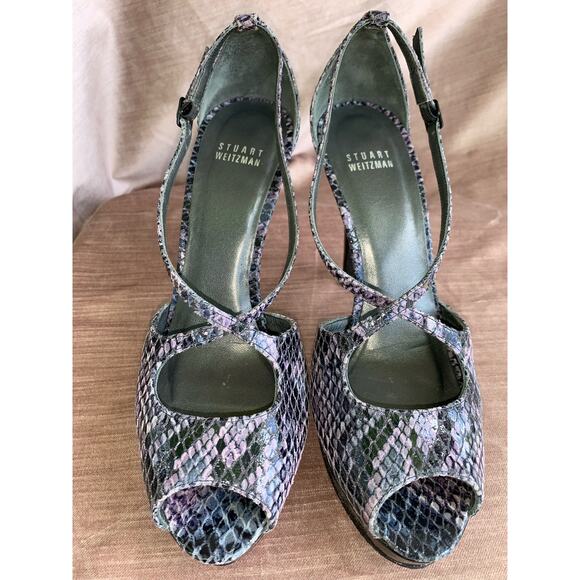 Stuart Weitzman Purple Snake Peep Toe Heels Size 8 2010s Pumps - Picture 9 of 10